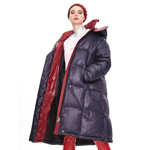 

2021 new winter thick stand collar hooded white duck down windproof loose style women warm long coat feminino e5w5, Black