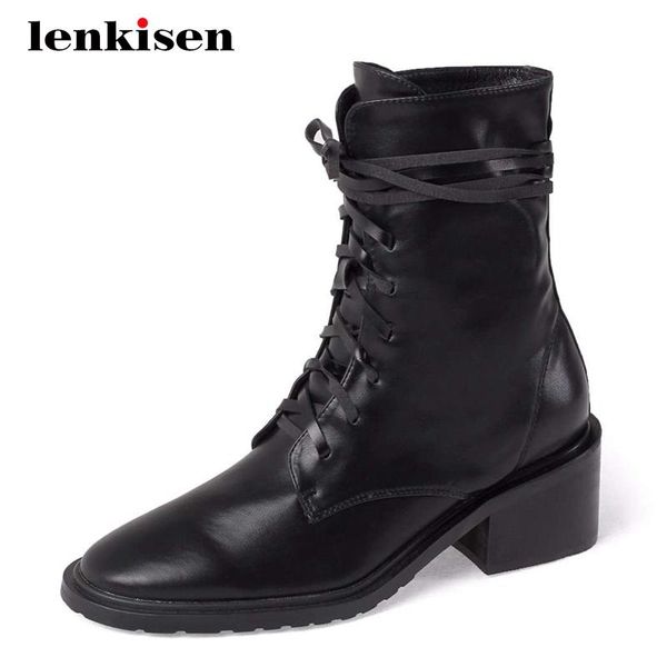 

lenkisen motorcycle boots genuine leather chic round toe thick high heel slip on coolest handmade young lady ankle boots l31, Black