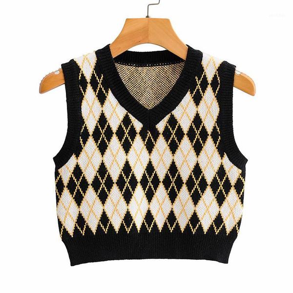 

autumn college-style vest 2020 contrast plaid sleeveless knitted vest sweater for womens diamond plaid sleeveless pullovers1, White;black