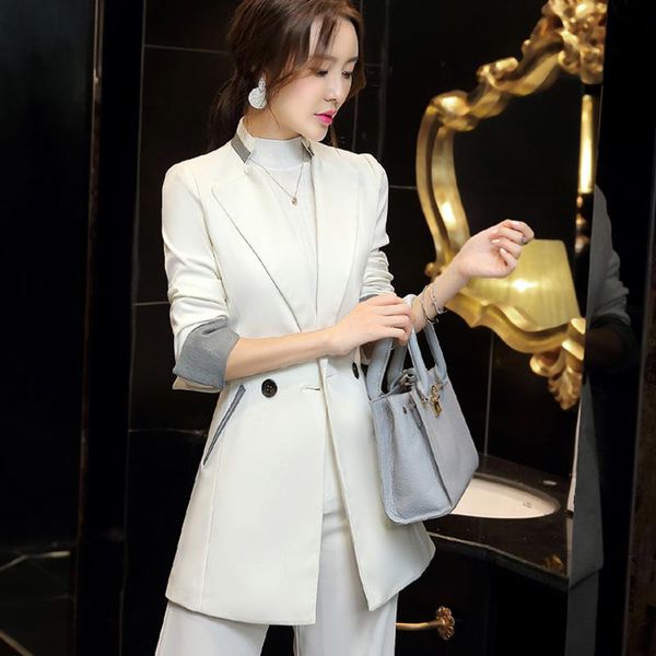 

women's suits & blazers spring autumn women blazer korean slim long casual suit female sleeves pockets jackets office lady work coat, White;black