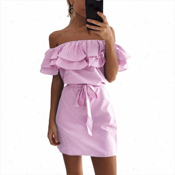 

ruffles summer dress 2021 women stripe print off shoulder elastic slash neck mini tie plus size casual party beach dresses, Black;gray