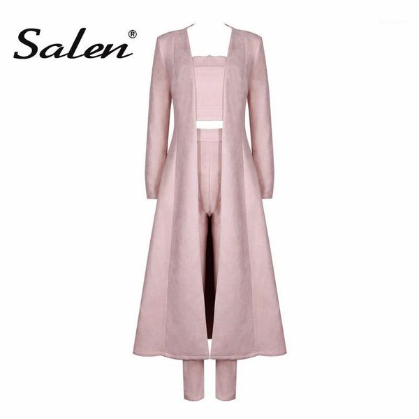 

salen 2017 new women's spring pink gray strapless celebrity runway crop pant suits fashion long coat 3 pieces set1, White;black