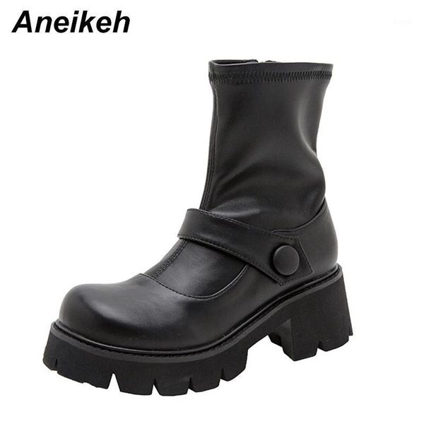 

aneikeh women's pu patent leather ankle boots fashion leisure punk buckle sewing zipper motorcycle thick bottom round toe shoes1, Black