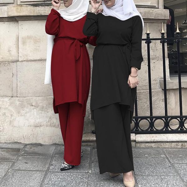 

abaya dubai muslim ensemble femme 2 pieces pantalon uae oman pakistan turkish islamic clothing women sport hijab dress set1, Red