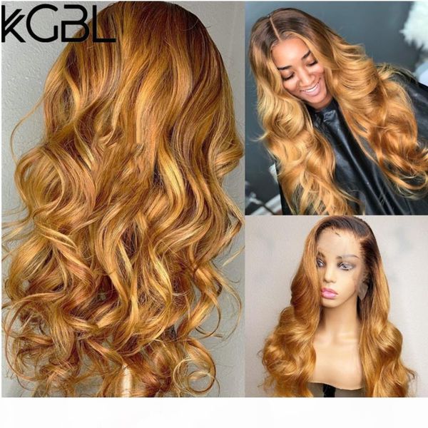 

kgbl 360 ombre wave 250 density 8-24'' lace front human hair wigs middle ratio brazilian non-remy human hair wig for women, Black;brown