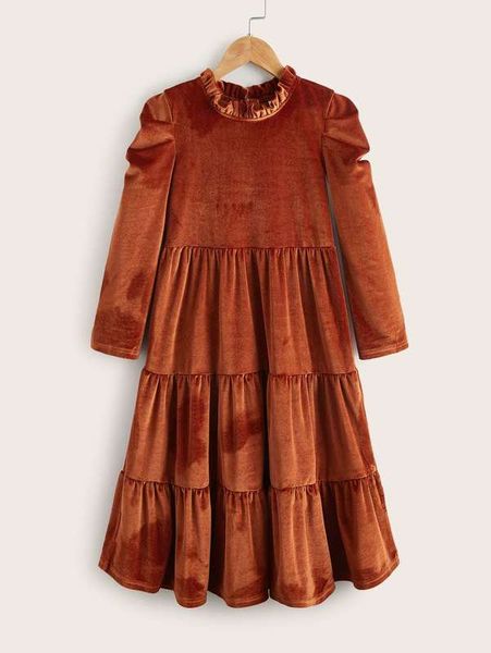 

girls puff sleeve ruffle hem velvet dress she, Red;yellow