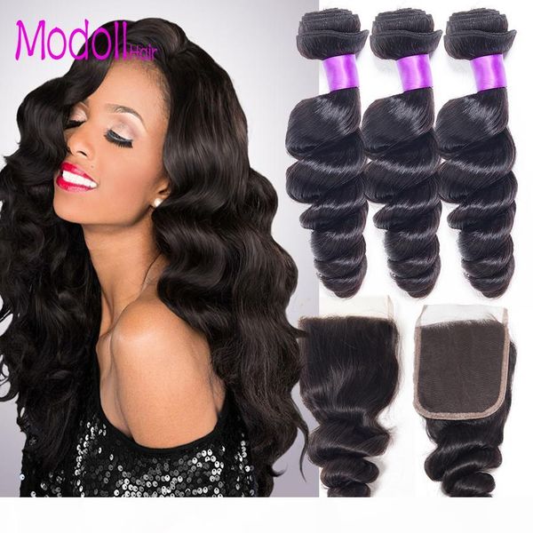

brazilian virgin hair loose weave bundles with lace closure remy human hair 3 bundle deals 4 pcs lot loose wave bundles with closure, Black;brown