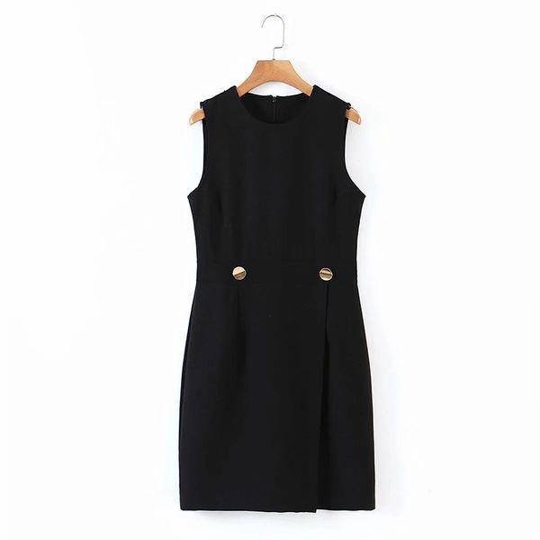 

2021 new women retro temperament exquisite button decoration dress without sleeve female straight back sk, Black;gray