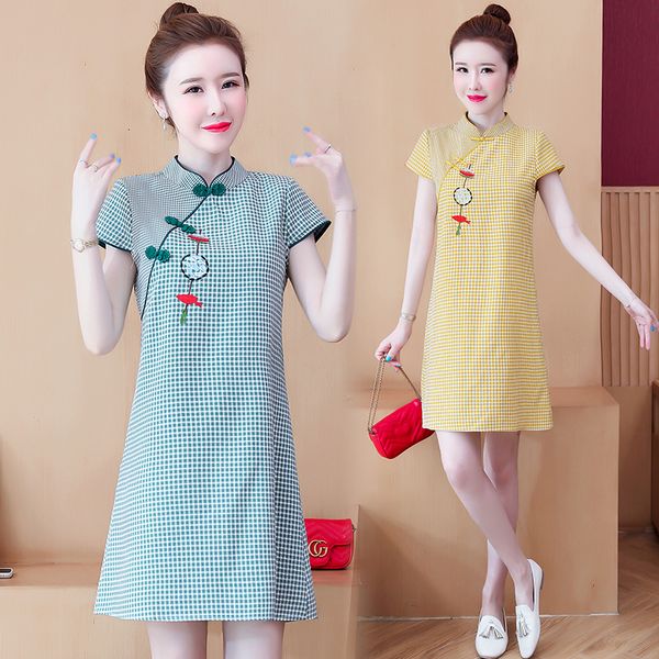 

womens plus size cheongsam embroidered summer borders short chinese sleeves mini dress tygw, Black;gray