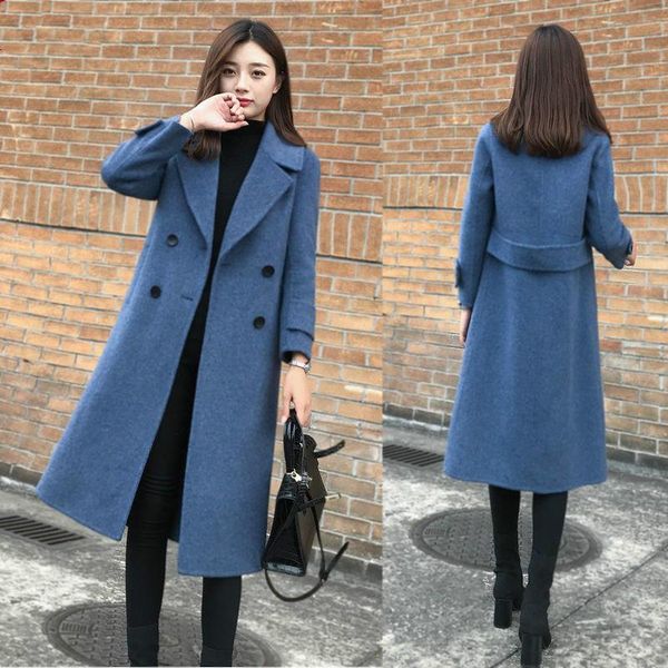 

2021 women autumn winter casual solid wool jacket lady slim double breasted mid-long outerwear female vintage oversize coat f257, Black