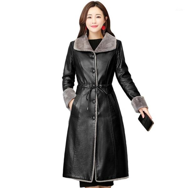 

women fur leather jacket winter autumn plus size 5xl long fur leather trench coat female warm soft slim jackets1, Black