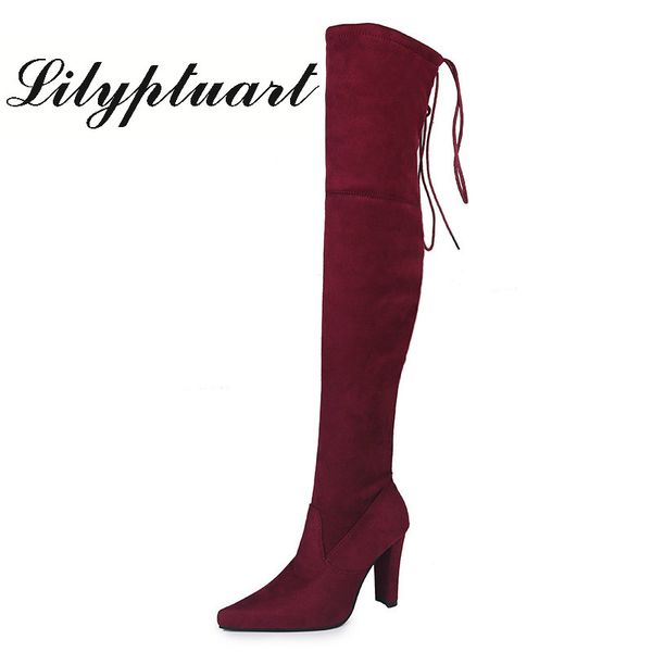 

boots autumn and winter long stretch one kick over the knee thick heel thin legs high mid women's, Black