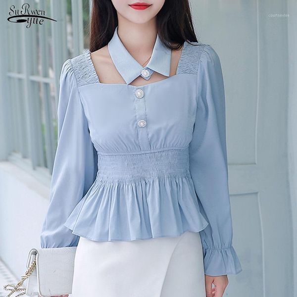 

2020 autumn puff long sleeve chiffon shirt for women casual elegant solid pleated women blouse blue pullover ladies 110441, White