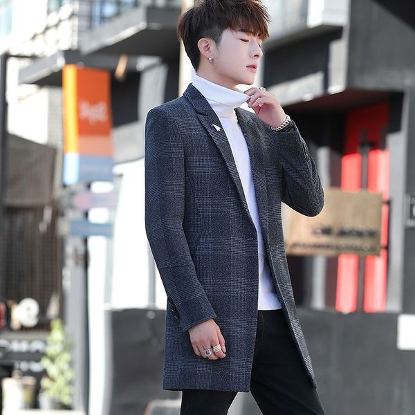 

new autumn and winter windbreaker mid long korean woolen tweed coat men's plush outer, Tan;black