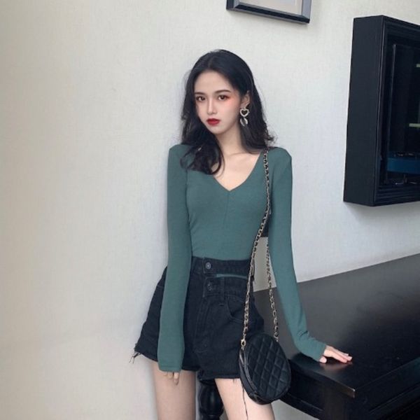 

w9sbn chic low slim fit solid color long coat sleeve t-shirt female chicken heart collar chest autumn 2020 new base coat xntqd, White