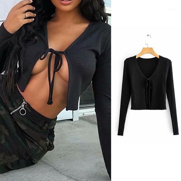

women sweater 2019 lace up puff sleeve chic black sweater women elegant front drawstring sweaters female ladies1, White