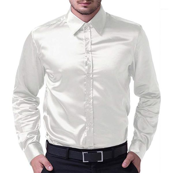 

pure color men formal satin shirts shiny silk wedding shirt male slim long sleeve turn-down collar soft men's clothes shirt1, White;black