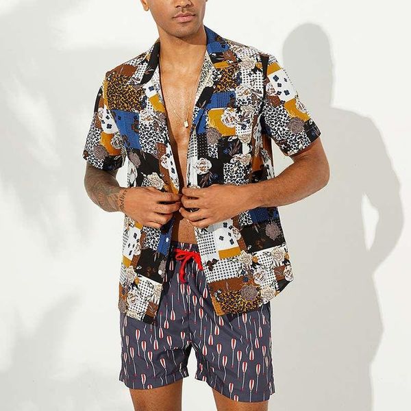 

men short sleeve shirt printing casual brand lapel button vacation beach hawaiian shirts men breathable streetwear blouse 20201, White;black