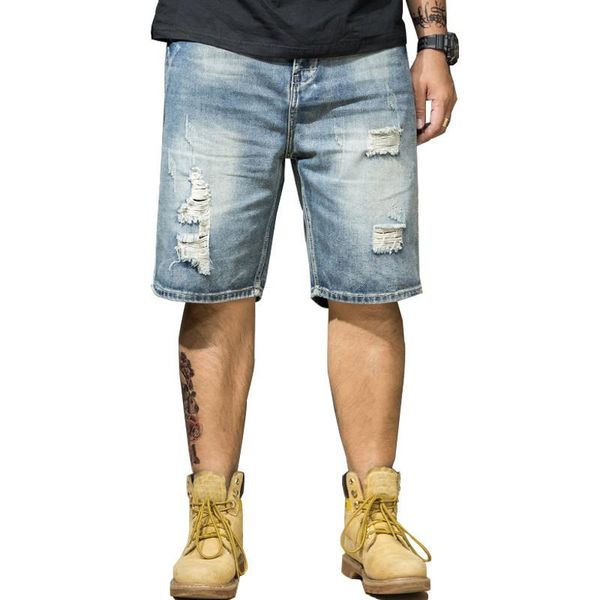

moruancle men baggy ripped denim shorts loose fit distressed short jeans with holes washed destroyed shorts plus size s-5xl, Blue