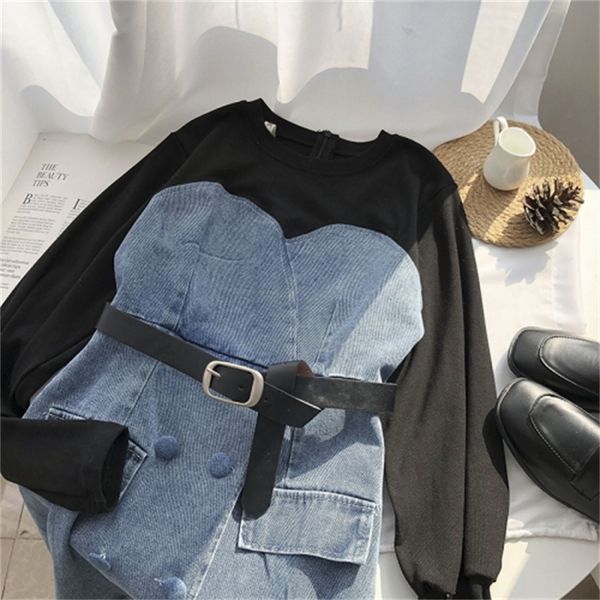 

2021 new korean fashion all-match thick round neck sweater fight receiving waist was thin irregular denim dress i2tc, Black;gray