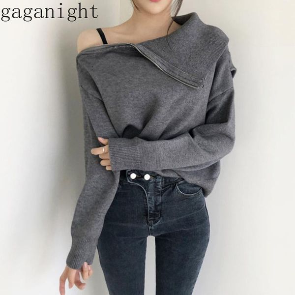 

gaganight fashion korean women sweater knitted solid pullover female spring autumn side zipper off shoulder jumpepr chic elegant1, White;black