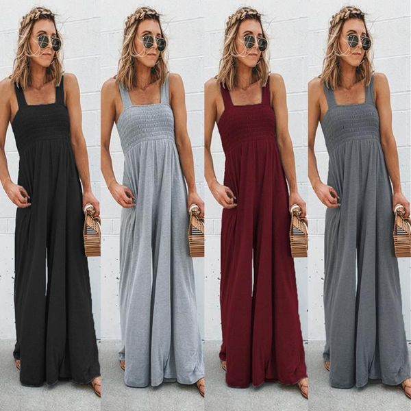 

summer solid strap wide women's jumpsuit casual romper bib overalls loose cotton linen wide leg pants ladies jumpsuits1, Black;white