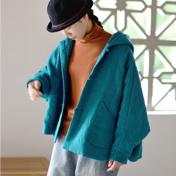 

scuwlinen women short parka 2021 winter artsy casual hooded bat-wing sleeve thicken warm loose linen cotton padded coat s11321, Black