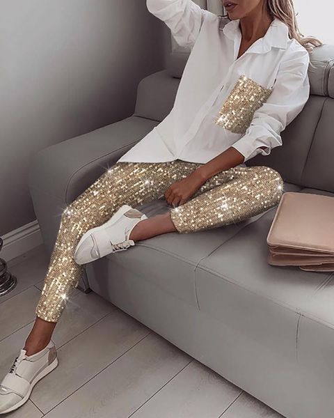 Set da donna Camicia a maniche lunghe con paillettes Abito colletto rovesciato Pantaloni casual elasticizzati con glitter lucidi Autunno Streetwear Abbigliamento da donna