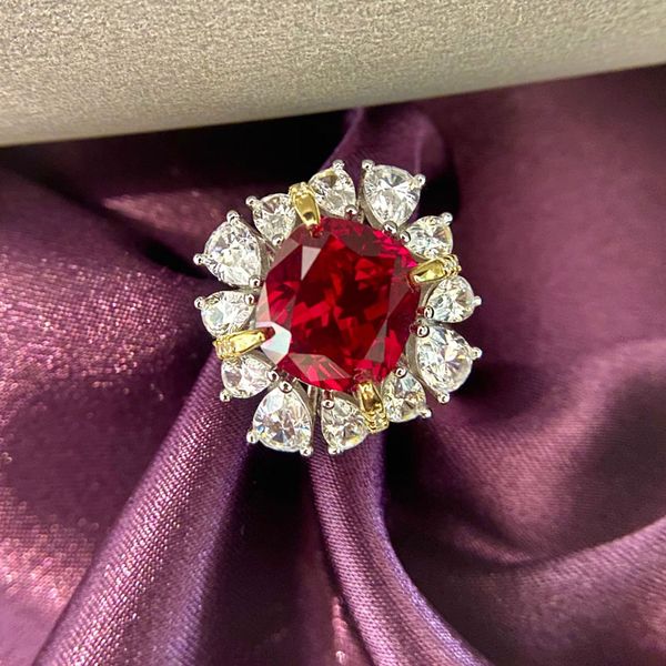 

luxury 10*11mm big ruby emerald wedding rings for women 925 sterling silver sparking full zircon party jewelry gift, Slivery;golden