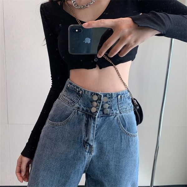 

2020 autumn new high waist button thin straight loose jeans versatile pants women's wear