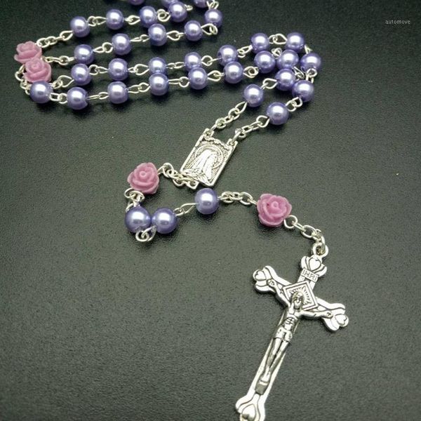 

vintage religious white simulated pearl beads red rose catholic rosary necklace women long strand necklaces jesus jewelry gift1, Silver