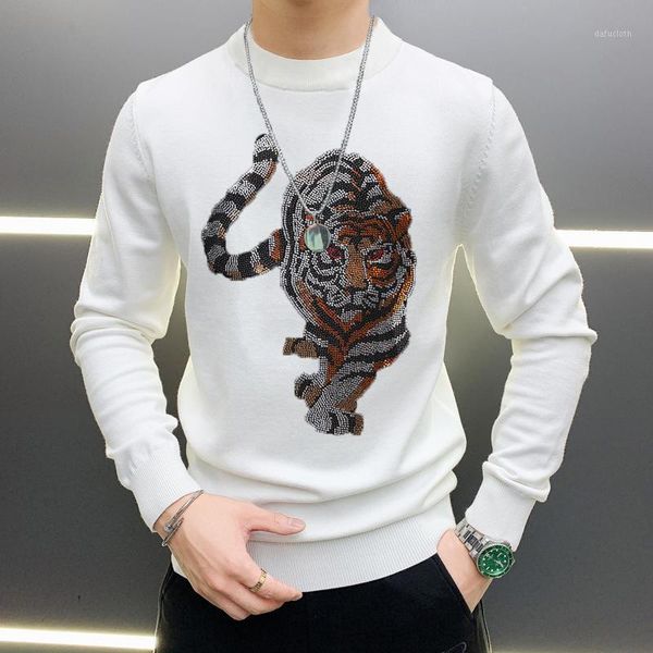 

2021 anti-wrinkle fashion men's sweater rhinestone shining tiger exquisite pullover personality1, White;black