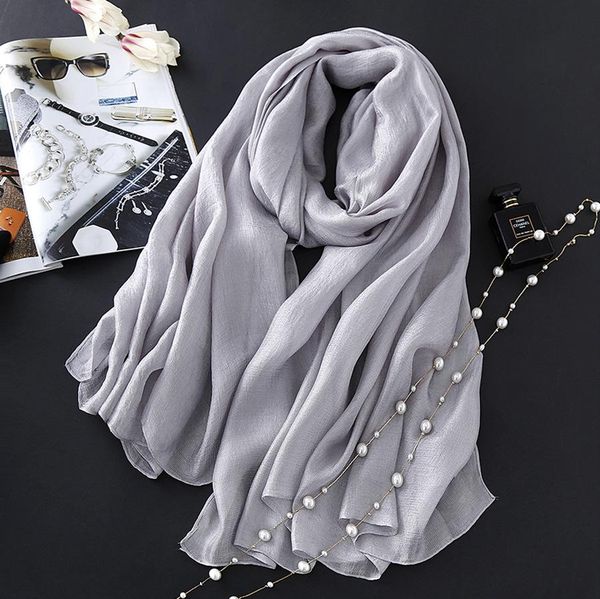 

solid color silk scarf for women simple casual shawls foulard smooth long neck scarves lady beach cover up hijab femme pashmina sqcjun, Blue;gray