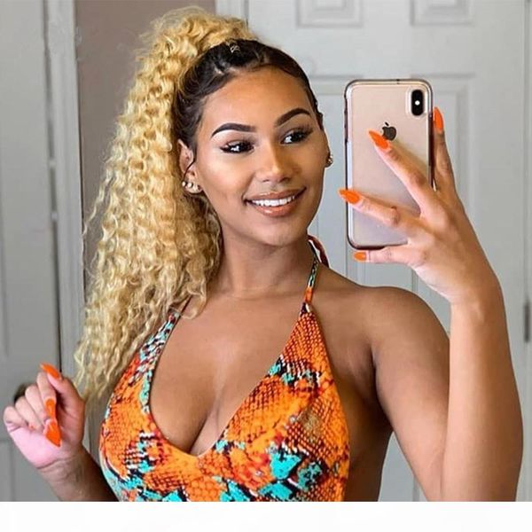 

new arrival 613 honey blonde colored deep curly virgin human hair ponytail extension 100-140g blond virgin hair kinki drawstring, Black