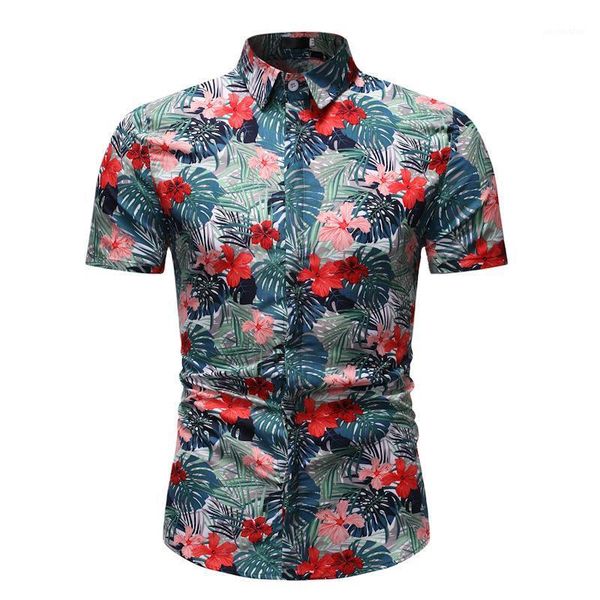 

2020 summer business casual short sleeve print shirt men fashion slim male leaf flowers printed hawaiian beach shirts man1, White;black