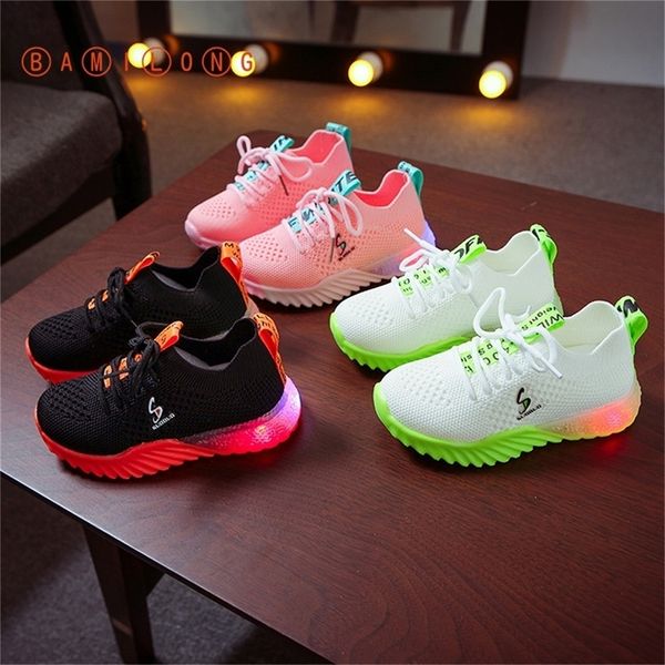 

children boys sport sneakers kids fly woven breathable casual fashion mesh girls led light shoes s132 y201028, Black