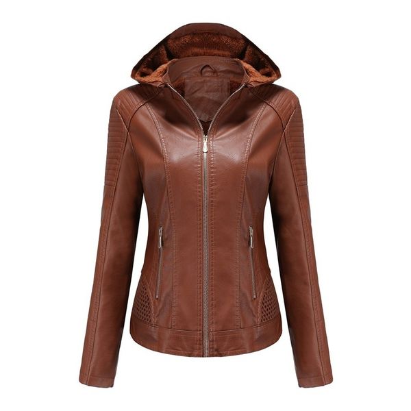 

new autumn and winter women leather jacket detachable hooded plus velvet warm leather jacket women pu solid color jacket women, Black