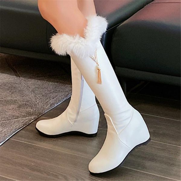 

boots 2021 women autumn winter warm high heel round toe fashion mid-calf zip slope white black big size 34-43
