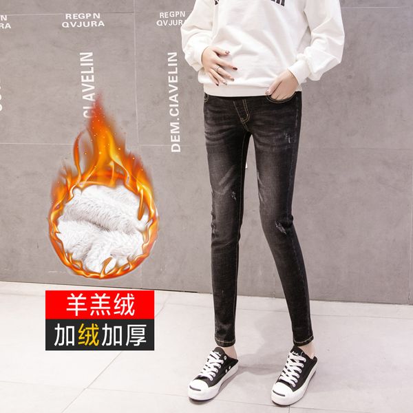 

6021# winter thick warm denim with velvet cashmere maternity jeans belly pants clothes for pregnant women pregnancy trousers c1002, White