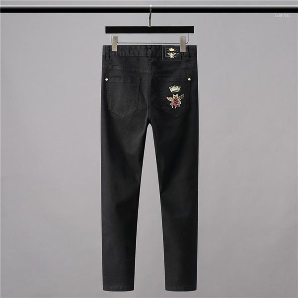 

high new 2021 classical vintage morden luxurious embroidered bee crown jeans cotton denim pants comfort casual 28-38 #n4041, Blue