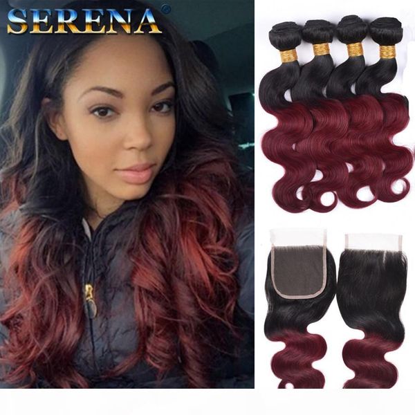 

ombre malaysian virgin hair weaves two tone 1b 99j burgundy wine red body wave human hair extensions human hair bundles with closure, Black;brown