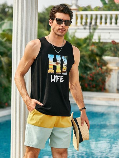

men tropical and letter graphic tank 196s#, White;black