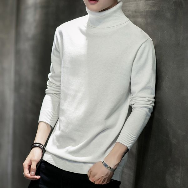 

2021 new male high-collar turtleneck high-fashion man's pure colour simple comfortable mesh warm cotton sweaters 67em, White;black