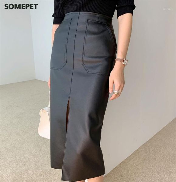 

skirts spring women pu leather high waist pockets package hip skirt female front split zipper midi pencil skirts1, Black