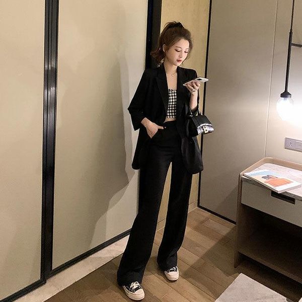 

women's tracksuits philosophy korean vintage casual loose women blazer + high waist wide leg pants +tank suits 3 pieces set office lad, Gray