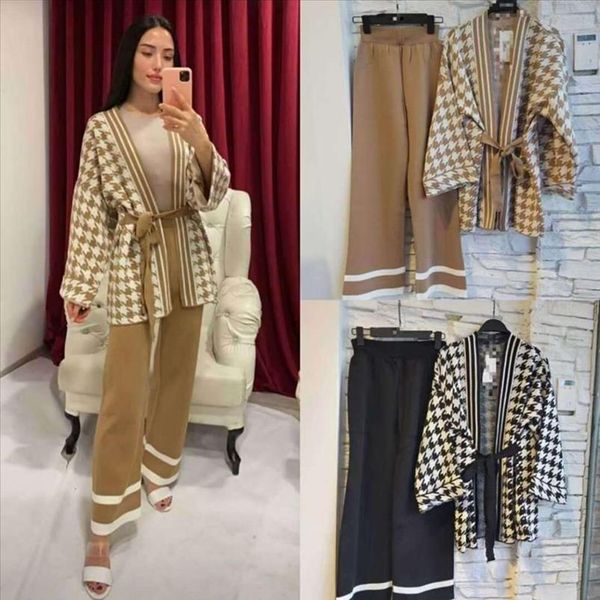 

fall winter sweater pants two piece set for women houndstooth lace up knitted cardigan jacket and wide leg pants sets, Gray