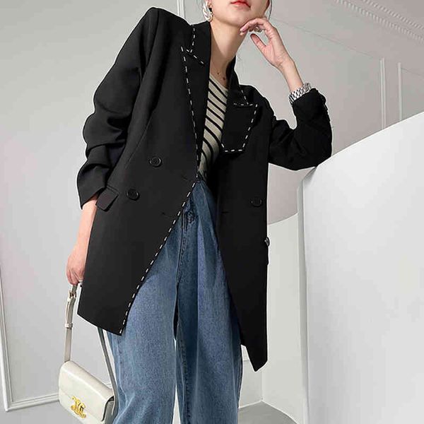 

women's suits & blazers [eam] women black big size line spliced blazer lapel long sleeve loose fit jacket fashion spring autumn 2022 1d, White;black