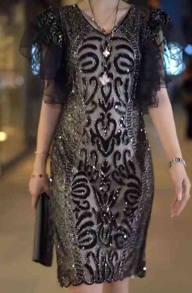 

women's clothing casual dresses 2022 style bead embroidered bubble short sleeve temperament sequin dresses 6705#, Black;gray