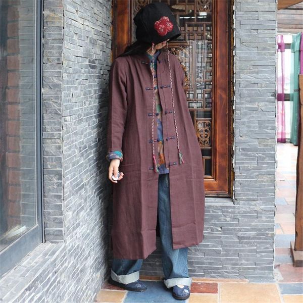 

johnature fall coats women linen trench coat 2020 autumn new long sleeve button coffee vintage stand women coat trench1, Tan;black