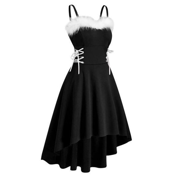 

casual dresses womens off shoulder christmas party dress faux-fur lace up asymmetrical high low midi robes vestido, Black;gray